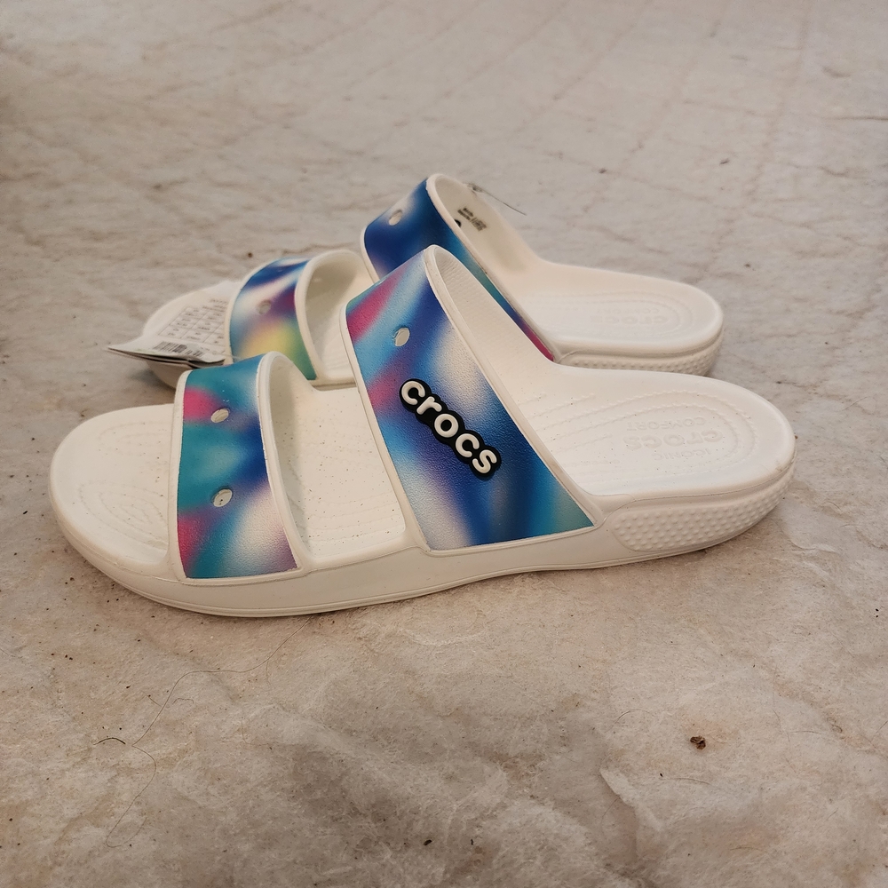 Crocs White and Blue Slide Sandals